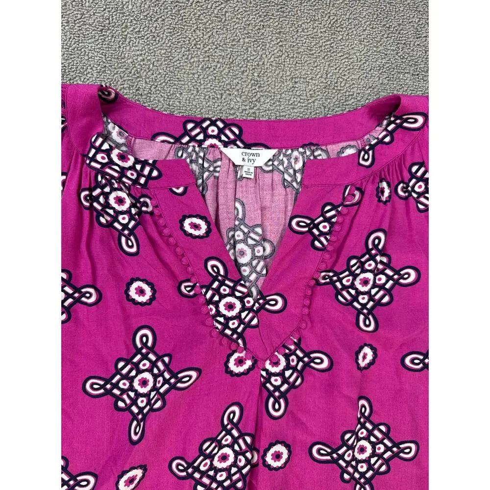 Crown & Ivy Dress Bell‎ Sleeve Crochet Magenta Navy Geometric Print Size Small